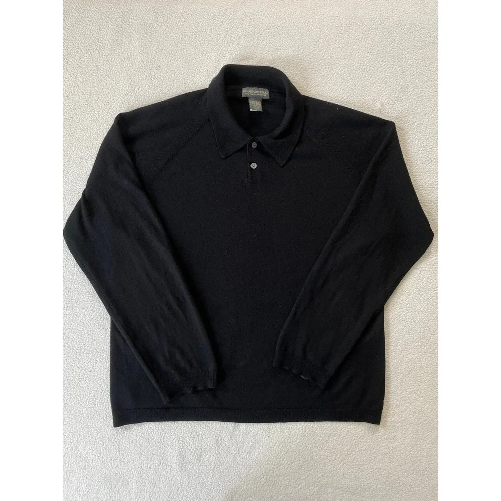 Banana Republic Mens XL Polo Sweater Black Extra Fine Italian Merino Wool Prep